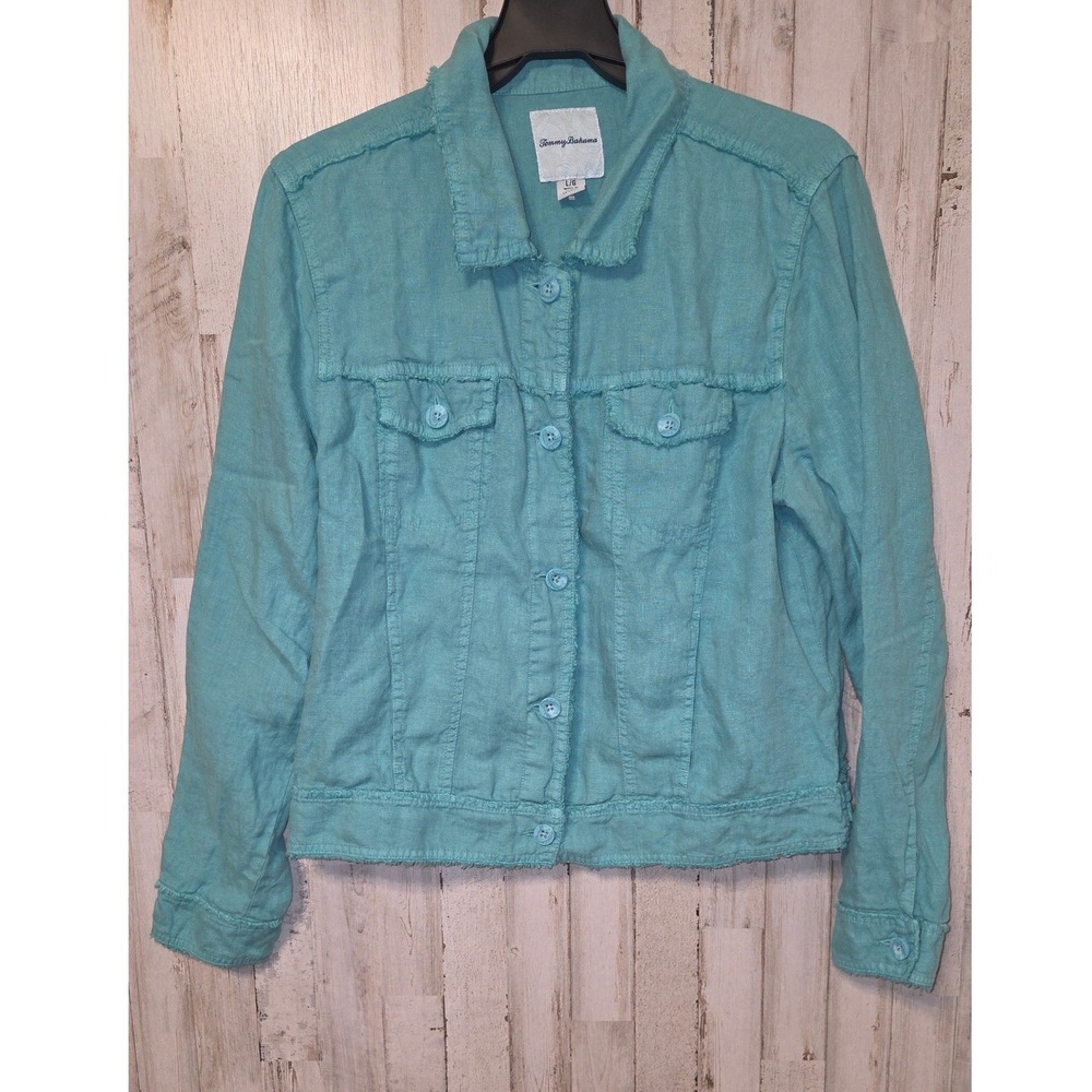 Tommy Bahama size L Button Raw Fringe 100% Linen Trucker Jacket Unlined